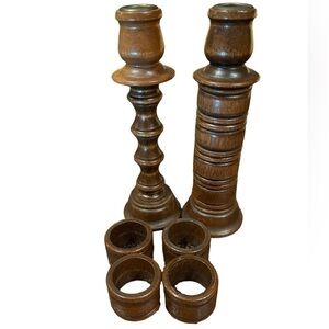 VTG Homco 1960's Wood Turned Candlestick Holders w/8 Removable Napkin Rings
